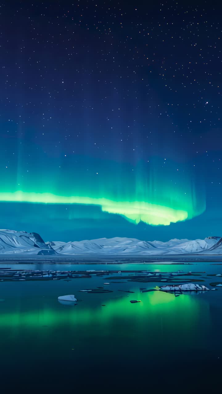 Vertical video: Shifting green aurora pulsing over polar bay, solar wind creating water reflections