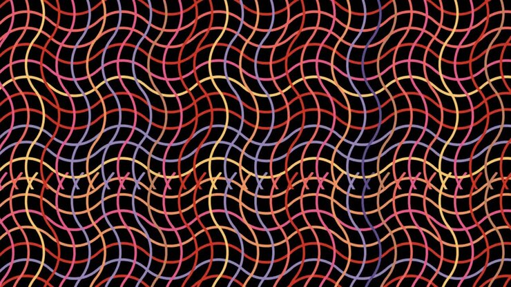 Digital animation of colorful wavy criss cross lines against black background