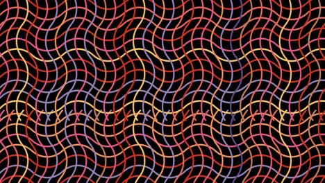 digital animation of colorful wavy criss cross lines against black background