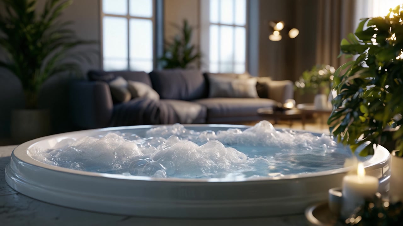 Esperienza spa serena: Concediti il beato relax di una moderna vasca idromassaggio circondata da illuminazione ambientale e arredi lussuosi in un accogliente spazio abitativo.