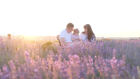 family enjoying sunset in a lavender field