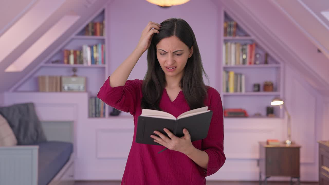 mujer india confundida leyendo un libro