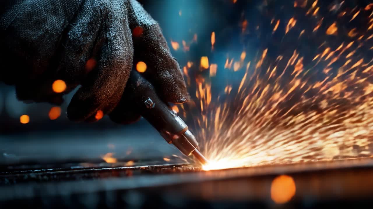 Focused Welding Technique Captured: A Skilled Hand Engaging in Precision Metal Joining with Bright Sparks and Dynamic Motion, Showcasing Metalworking Craftsmanship
