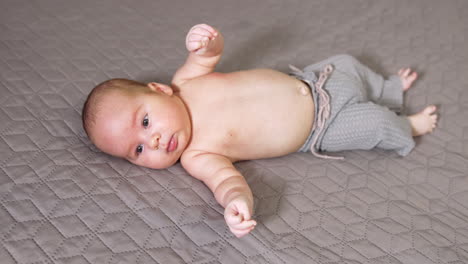 adorable little boy wearing grey pants only lies on the bed. plump small sweet baby in pants on the grey backdrop.