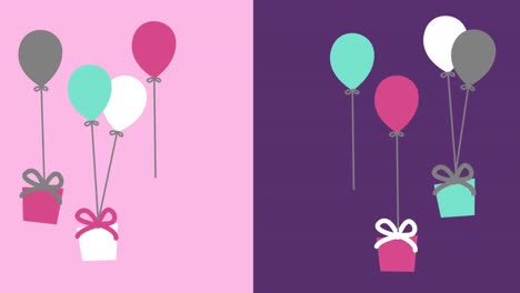 animación de múltiples globos y regalos de cumpleaños flotando sobre un fondo rosa y púrpura