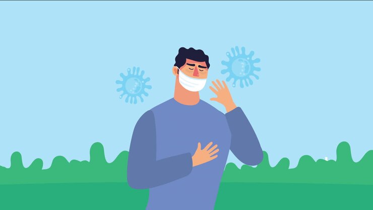 person with face mask and covid 19 particles