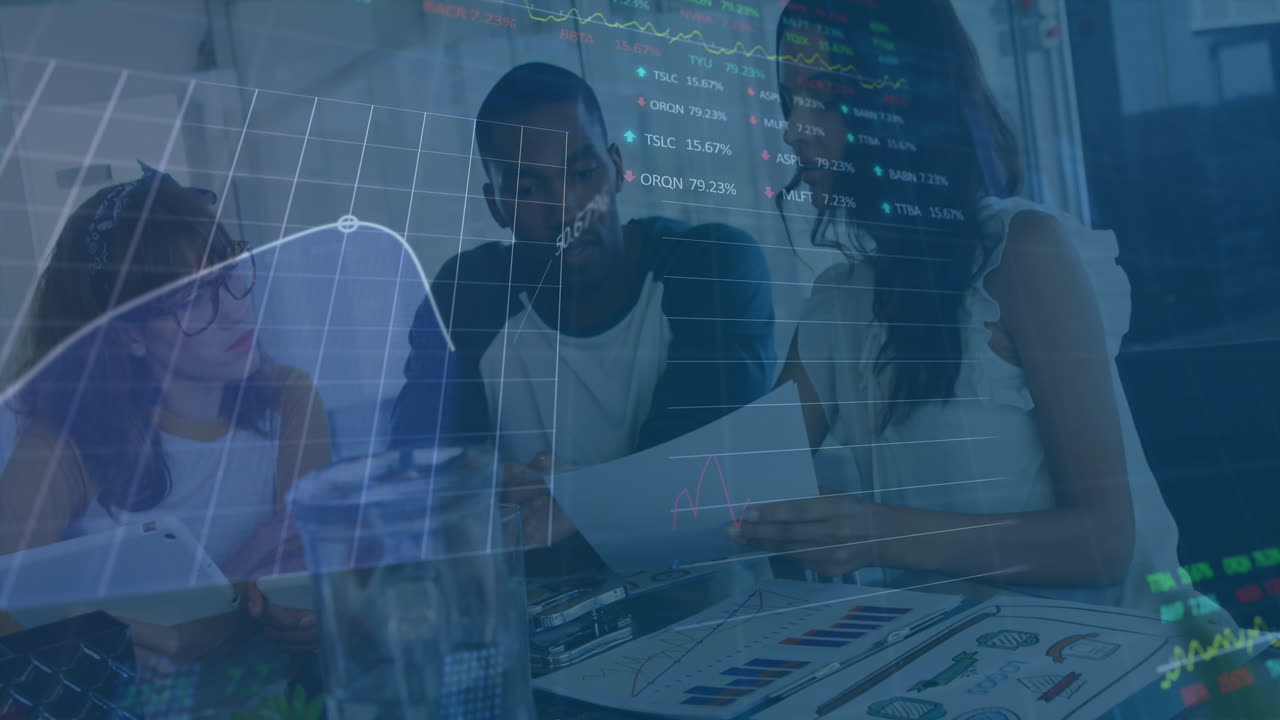 Animation of financial data processing and stock market over diverse business people