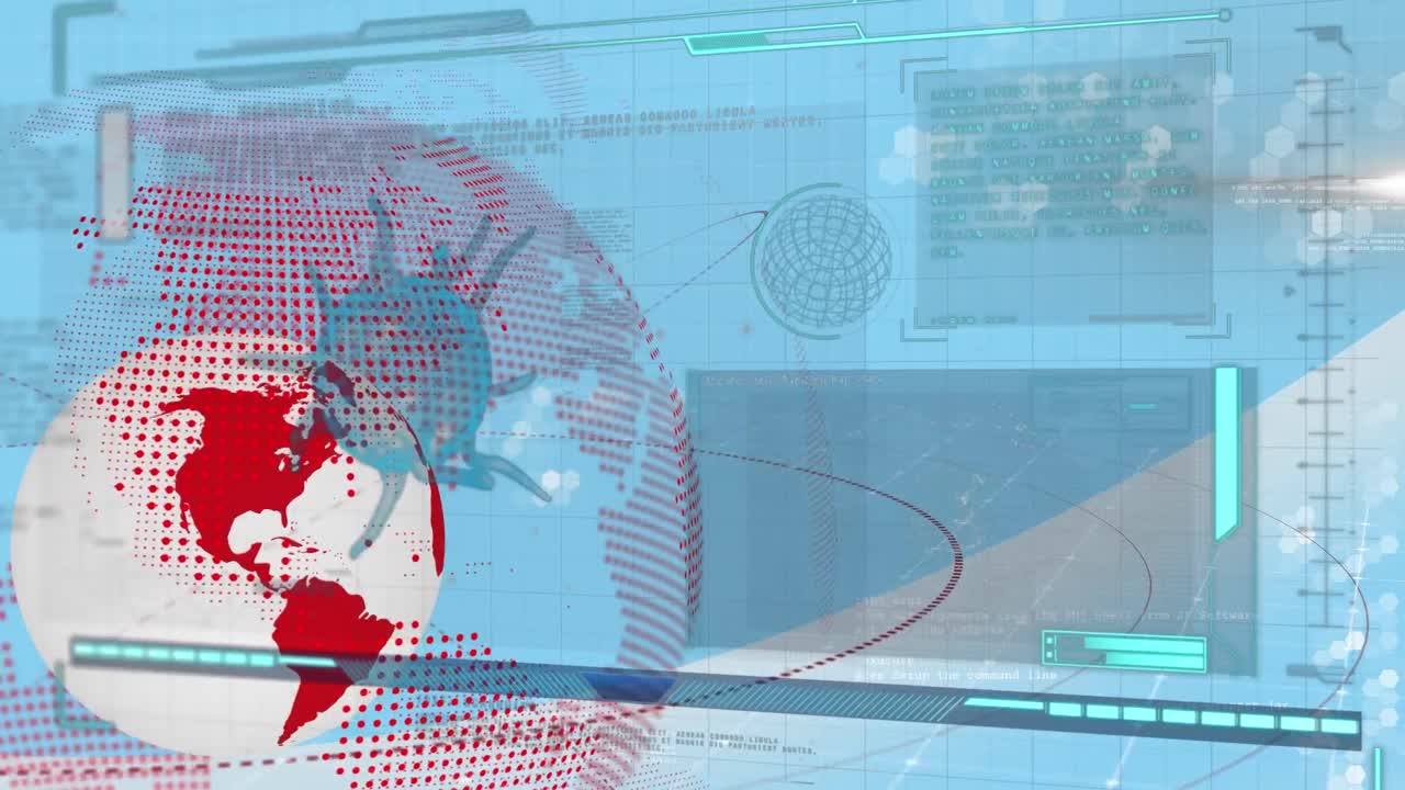 animación del globo sobre el procesamiento de datos con células de virus en fondo azul