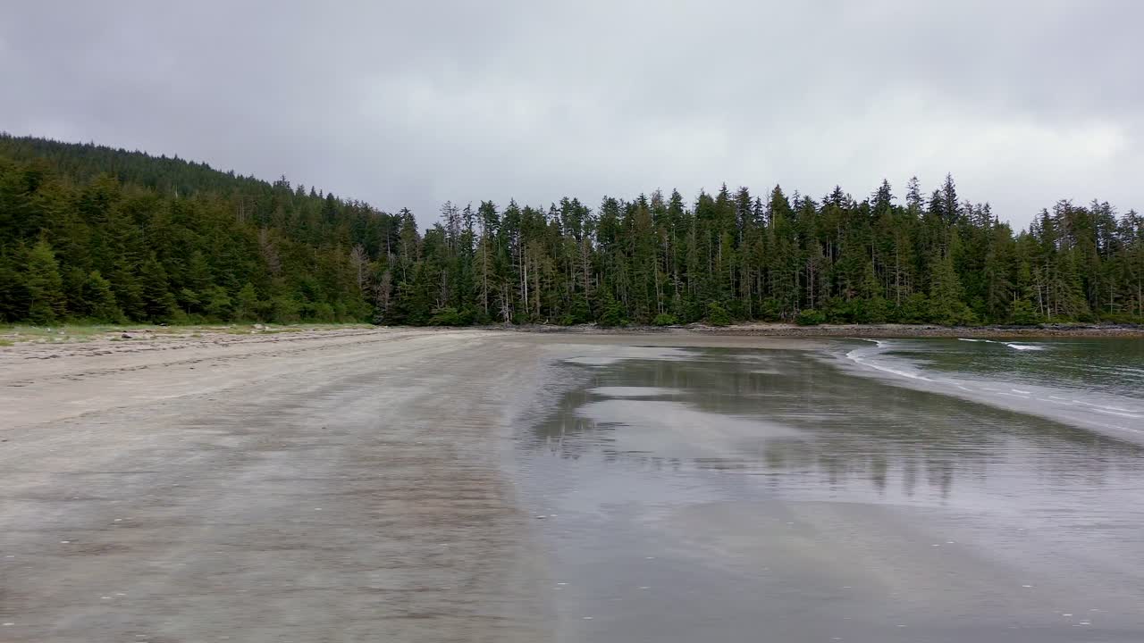Veduta aerea sopra la sabbia della spiaggia di Grey Bay con carrellata laterale, BC, Canada.
