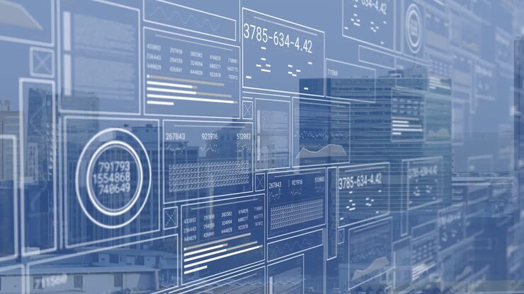 Animation of digital data processing over cityscape