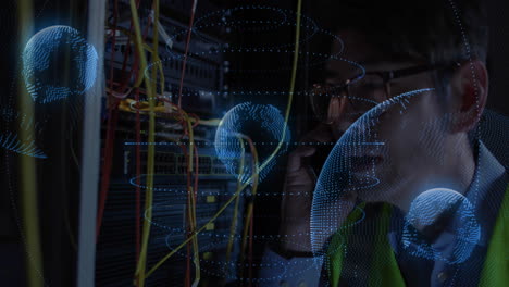 Working on server, technician with digital globe and animation data visualization