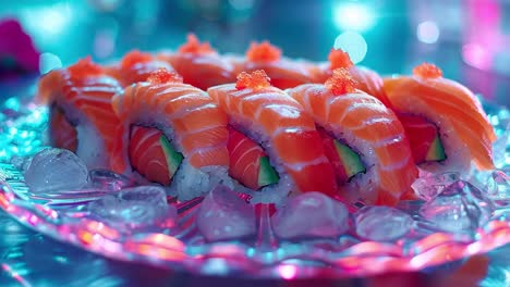 vibrant salmon sushi rolls with roe on a decorative plate