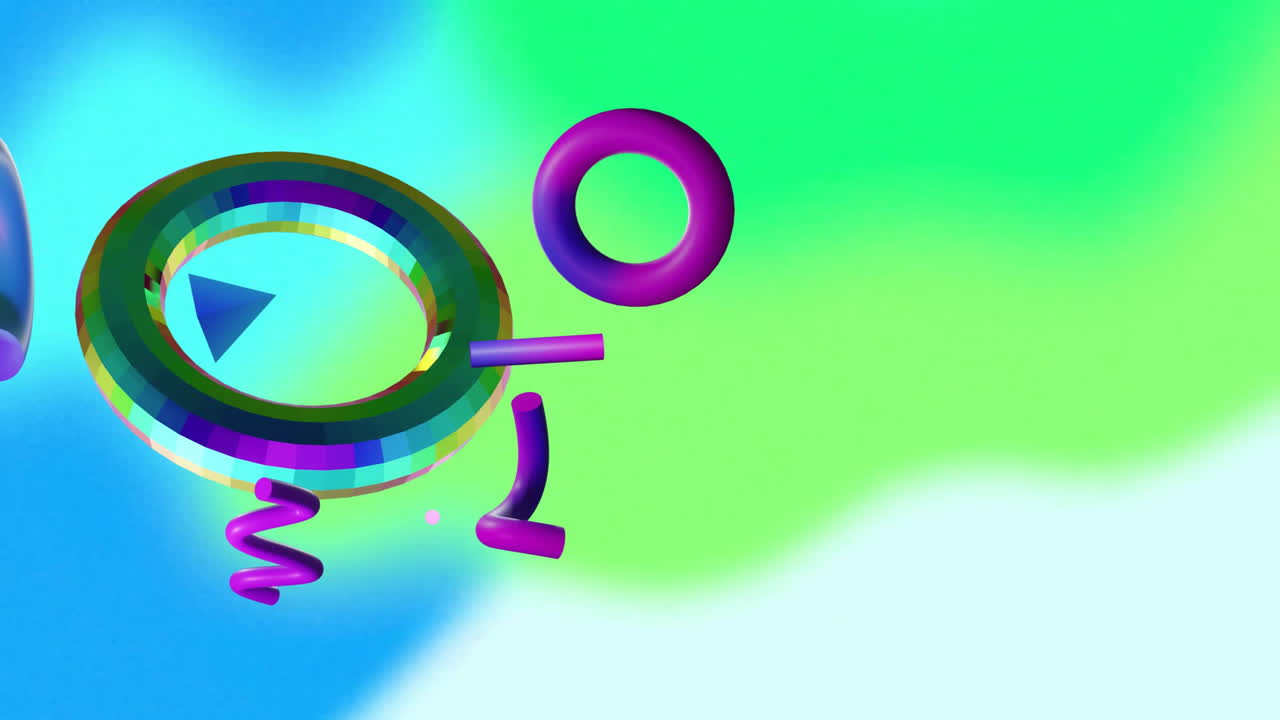 Animation of rotating rings and rods over blurred abstract green and blue background