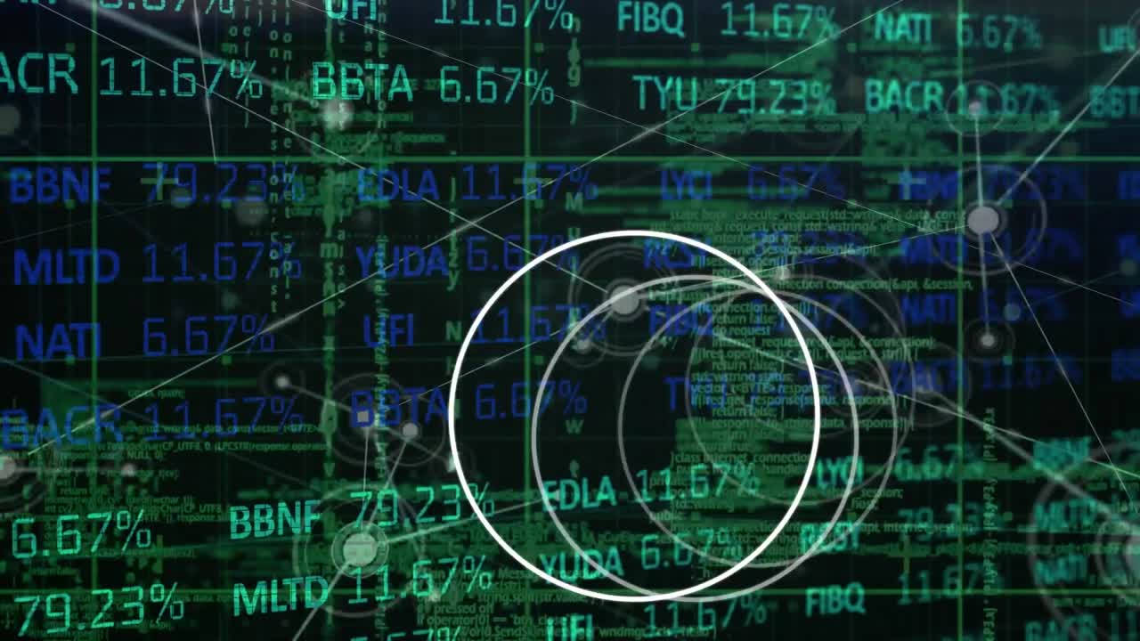 Animation of circles moving over data processing and network of connections with glowing spots