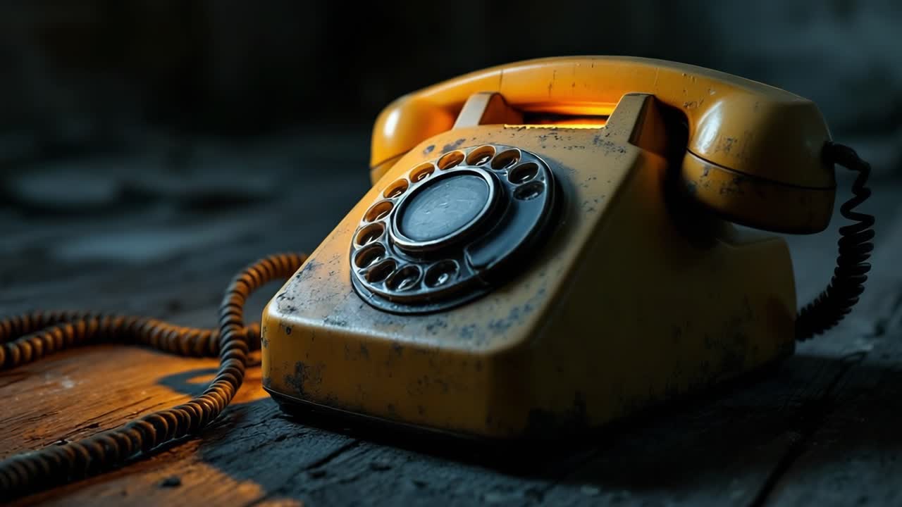 Vintage yellow rotary phone illuminated on rustic wooden floor with atmospheric shadows