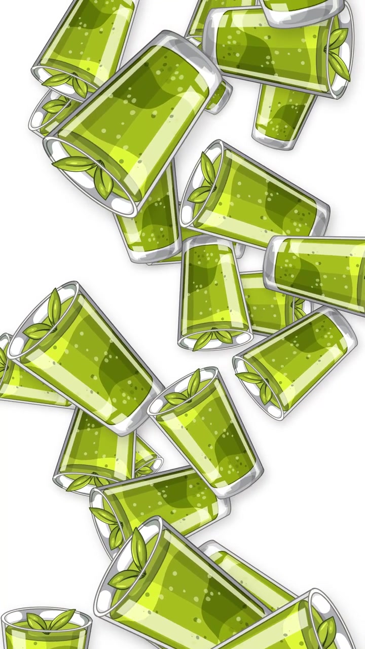 Animated green smoothie glasses with mint leaves fall vertically against a clean white background.