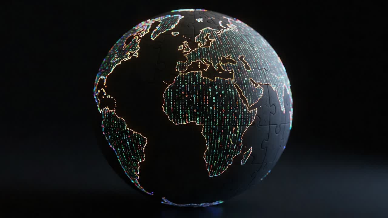 A Glowing Puzzle Globe Showcasing a Modern, Digitized Map of the World with Bright Colors and Data Patterns Set Against a Dark Background