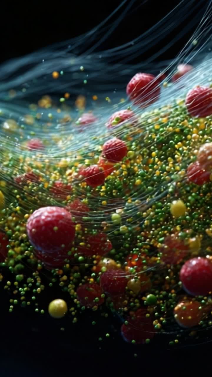 Dynamic Visualization of Colorful Spheres and Particles Flowing in a Dark Space, Capturing the Essence of Movement, Depth, and Vividness in Abstract Form