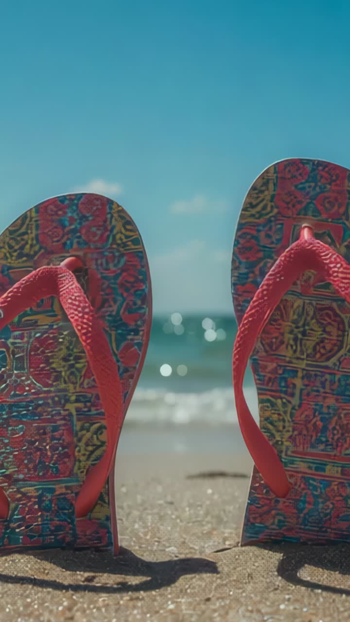 Vertikal video: Rullende bølge, der løfter flip-flops på en sandstrand og viser tidevandsbevægelser omkring stropper
