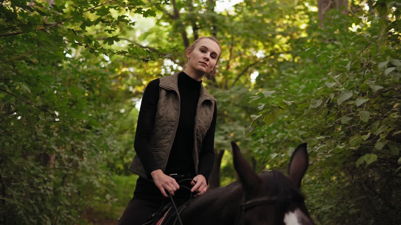 Attractive woman riding beautiful brown horse in park during sunny day and stroking the horse's head. Beautiful female rider