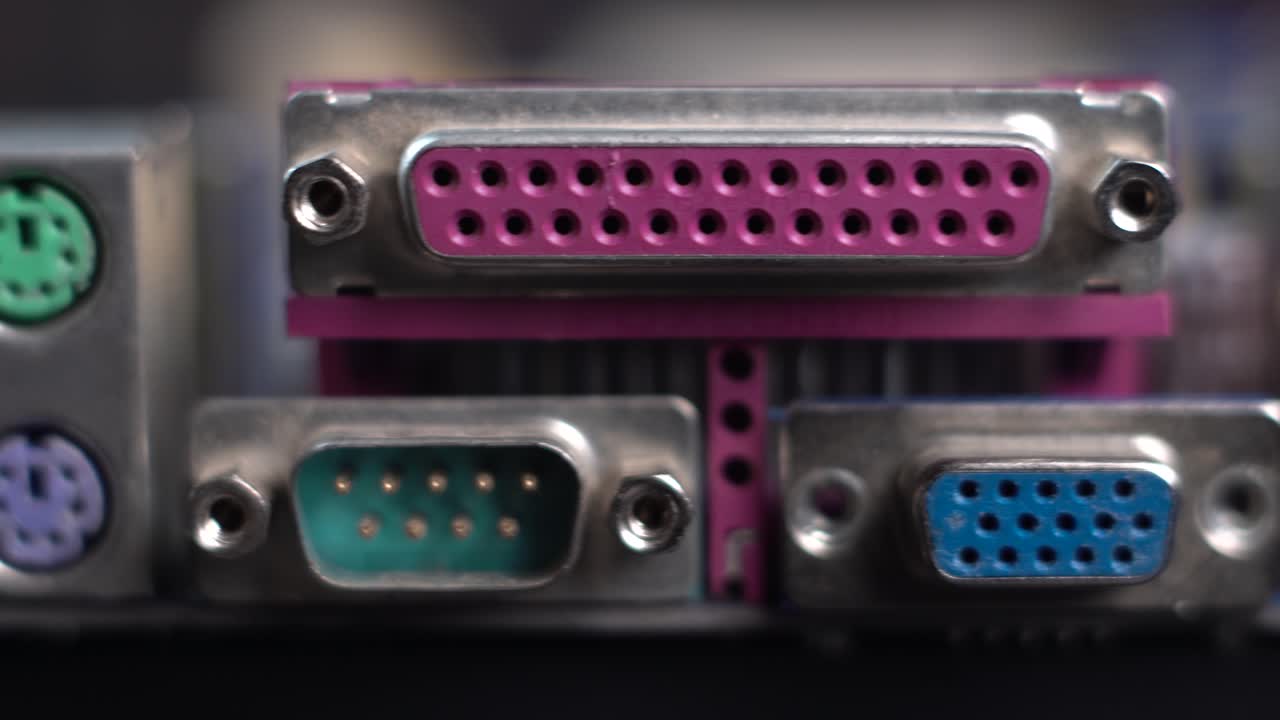 Close-up Pan of Vintage Computer Motherboard Ports and Connectors