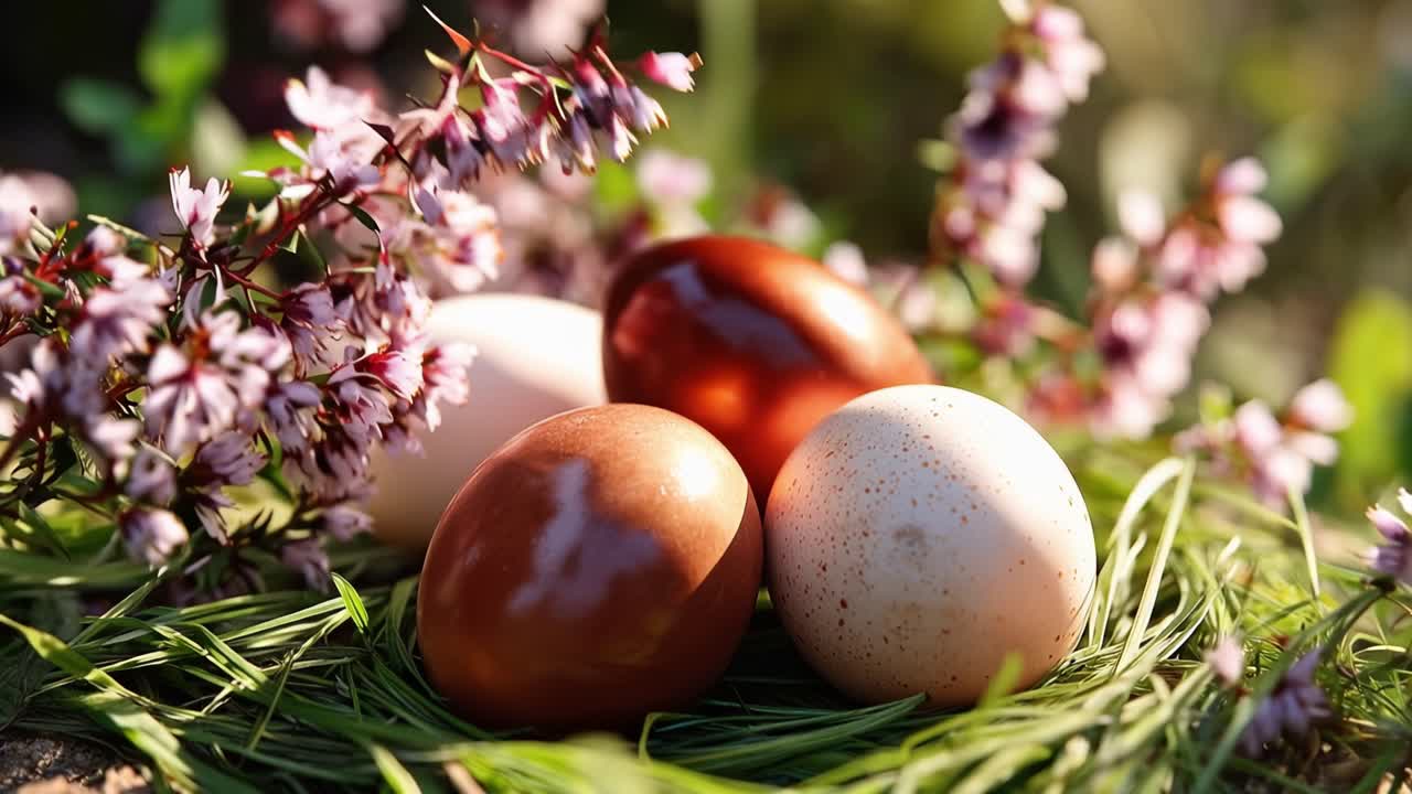 Sunlight glows through spring blossoms and eggs. Eggs rest softly on green grass and flowers. Natural light enhances the scene's peacefulness. Perfect for spring holidays or seasonal themes