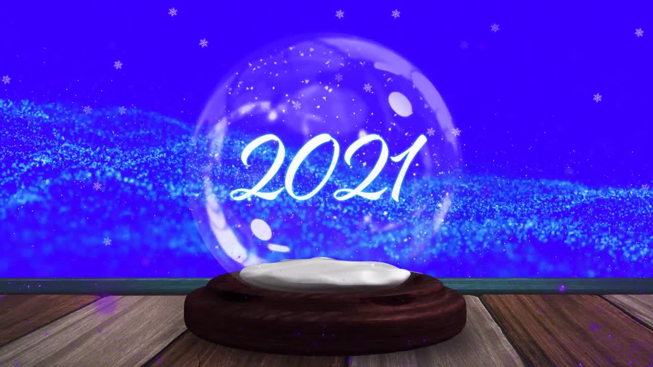 2021 년의 애니메이션 스노우 글로브에서 떨어지는 별과 눈이 떨어지는