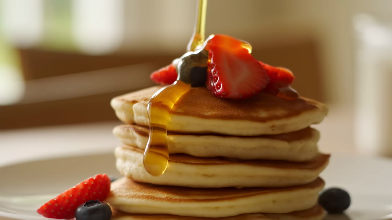 Stacked Pancakes With Fresh Berries And Golden Syrup Poured In Slow Motion Closeup, Fluffy Layers Topped