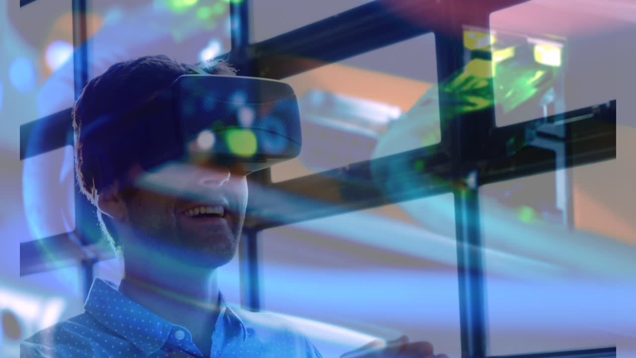 Animazione di uomini che utilizzano visori VR in una sala server