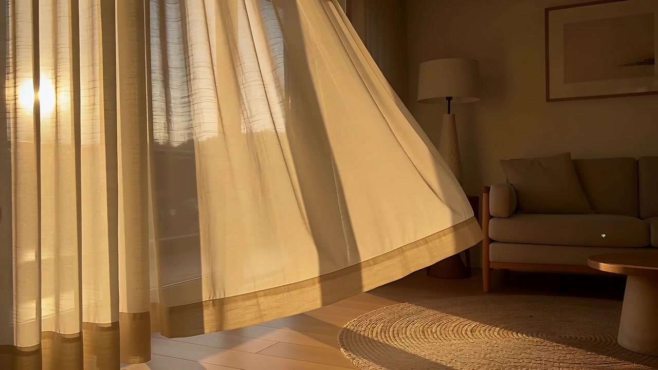 Una silhouette adulta si muove dietro una tenda trasparente in soggiorno, la luce del sole illumina il tappeto