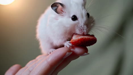 un hámster blanco comiendo una fresa