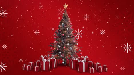 Animation-of-falling-snowflakes-over-christmas-tree-and-gifts