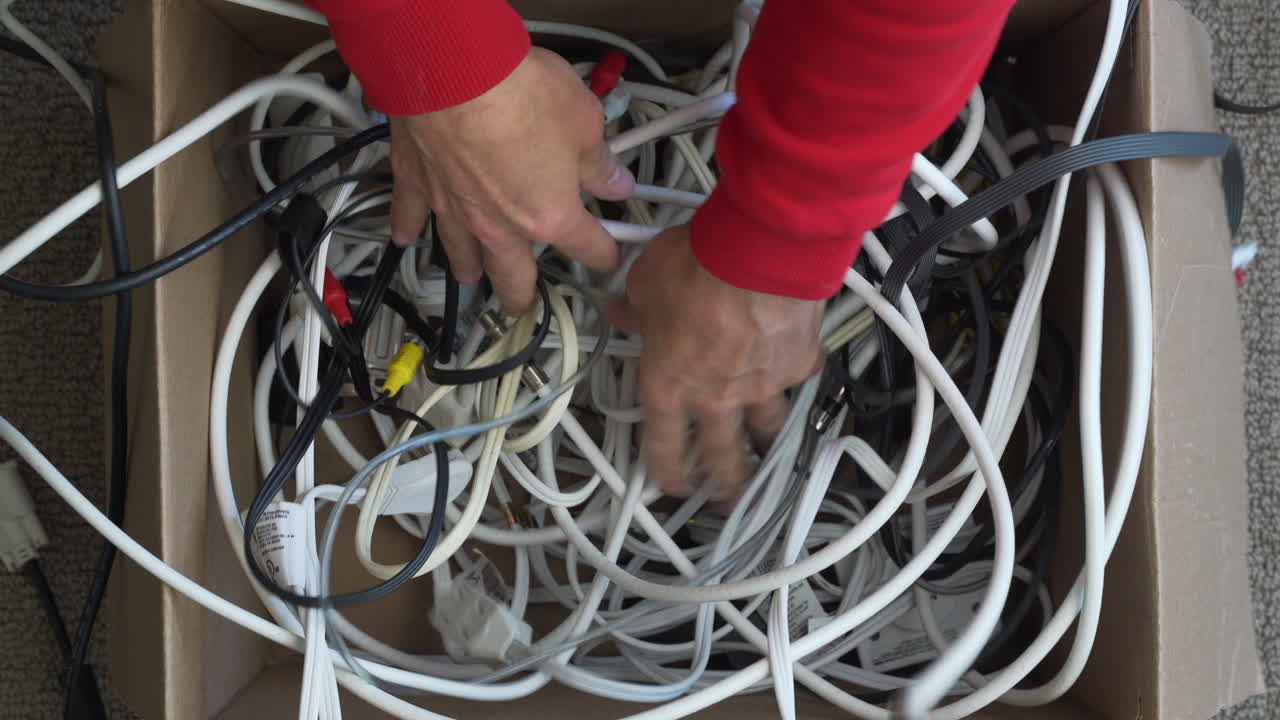 Hands trying to untangle box of electronic cords and giving up in frustration