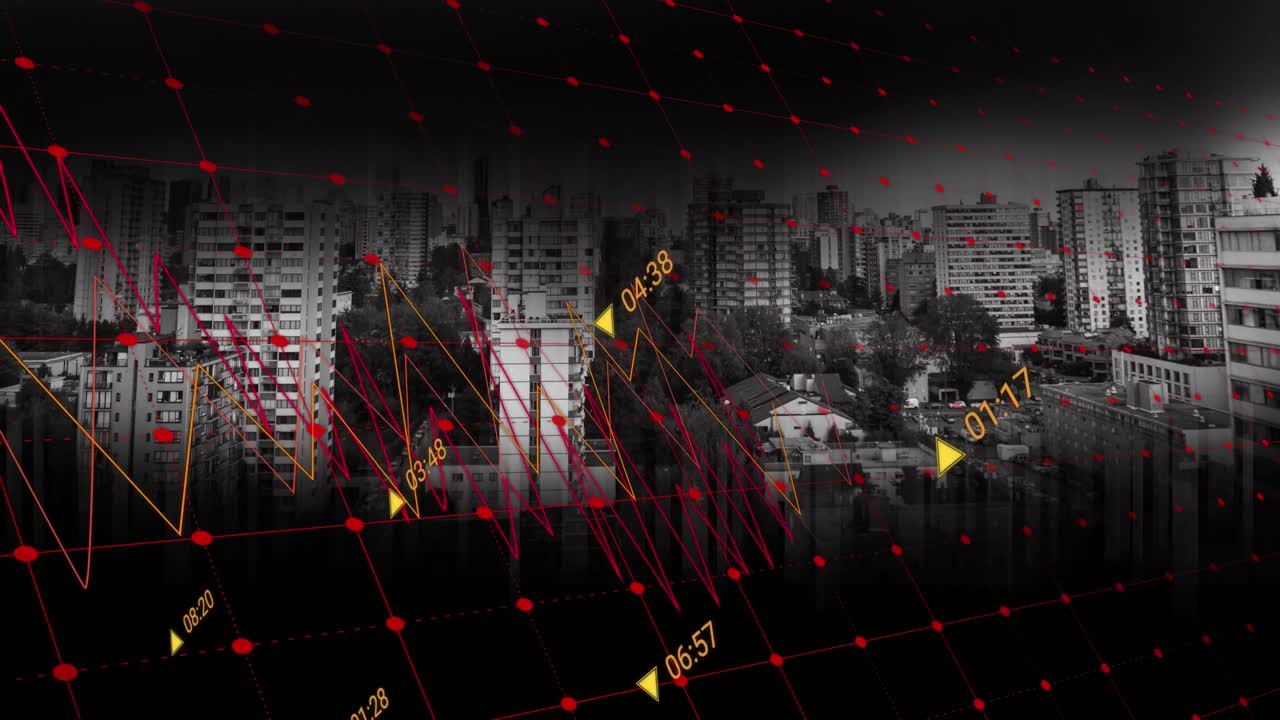 animación del procesamiento de datos financieros sobre el paisaje urbano