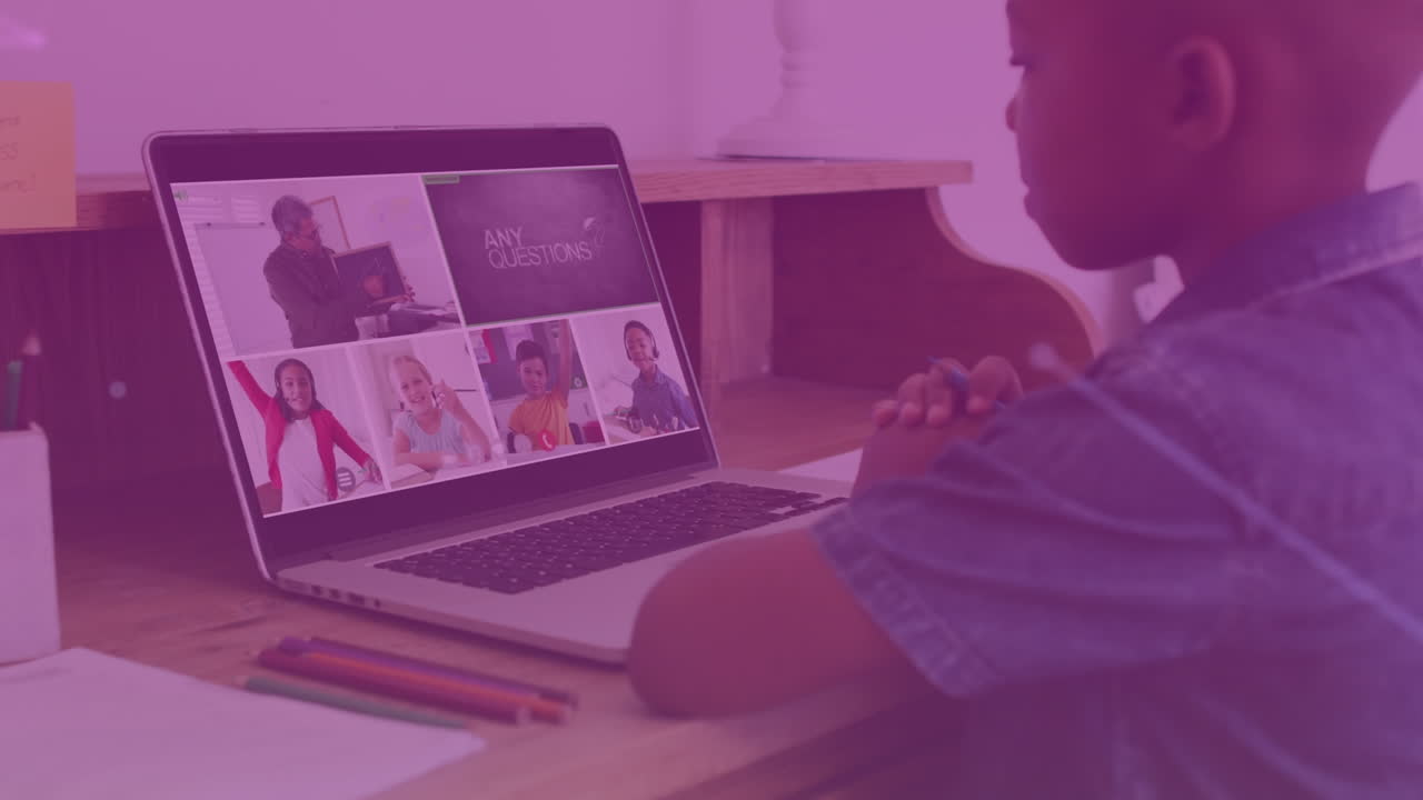 Animation of shapes over african american schoolboy using laptop for online lesson