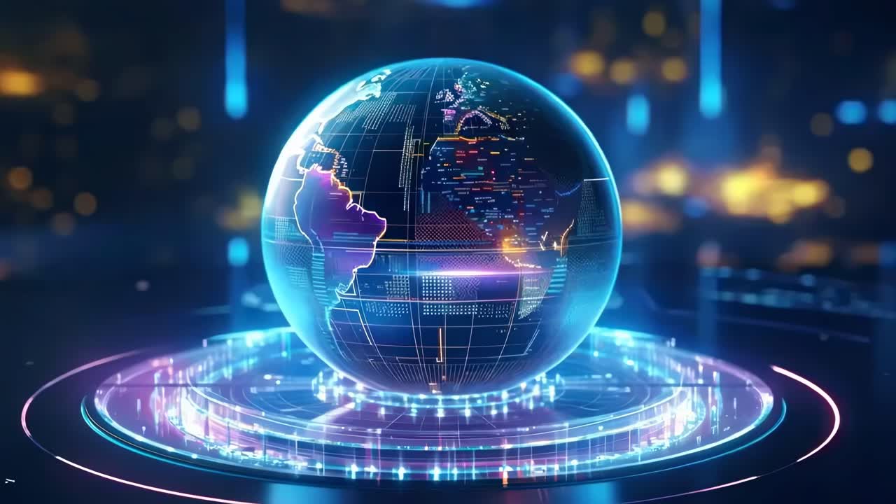 Futuristic video concept of a digital globe with neon lights