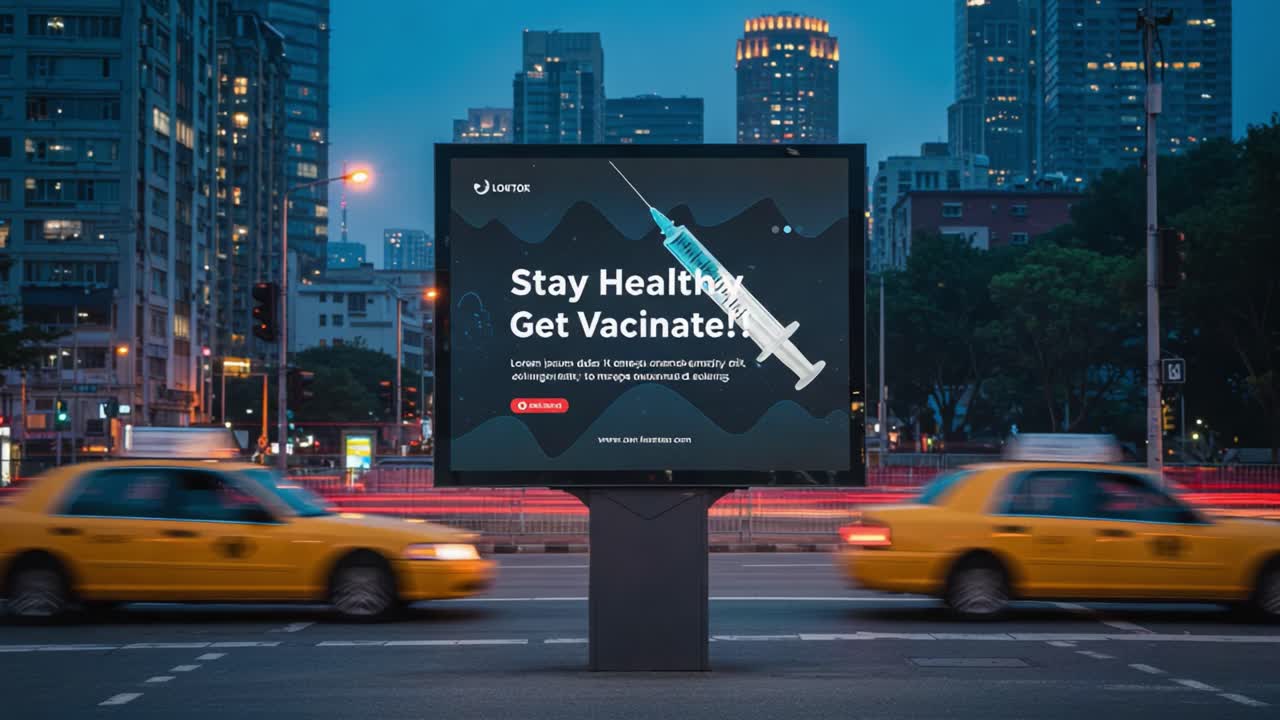 A Vibrant Urban Scene Featuring an Eye-Catching Vaccination Billboard Promoting Health and Safety Amidst the Hustle of City Life with Taxis in Motion