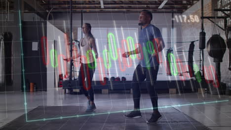 Herzfrequenz--Und-Fitness-Tracking-Animation-über-Menschen,-Die-Im-Fitnessstudio-Trainieren