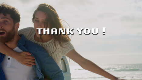 animación de un mensaje de agradecimiento a una pareja caucásica en la playa