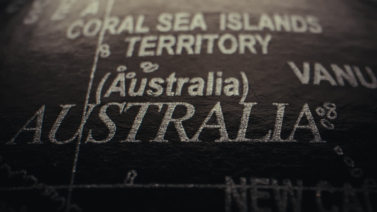 Close-up of a world map, focusing on Australia and surrounding territories
