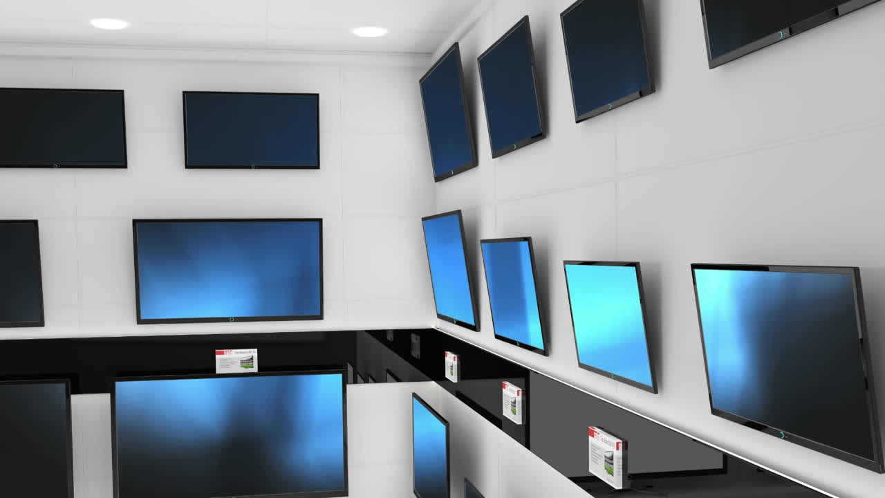 빛나는 파란색 스크린을 가진 텔레비전 세트의 줄의 애니메이션