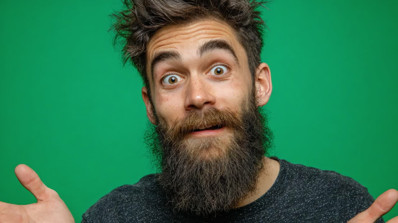 A Joyful Expression: A Young Man with a Beard Shows Surprise and Enthusiasm Against a Bright Green Background, Capturing a Playful and Lively Moment with His Unique Hairstyle