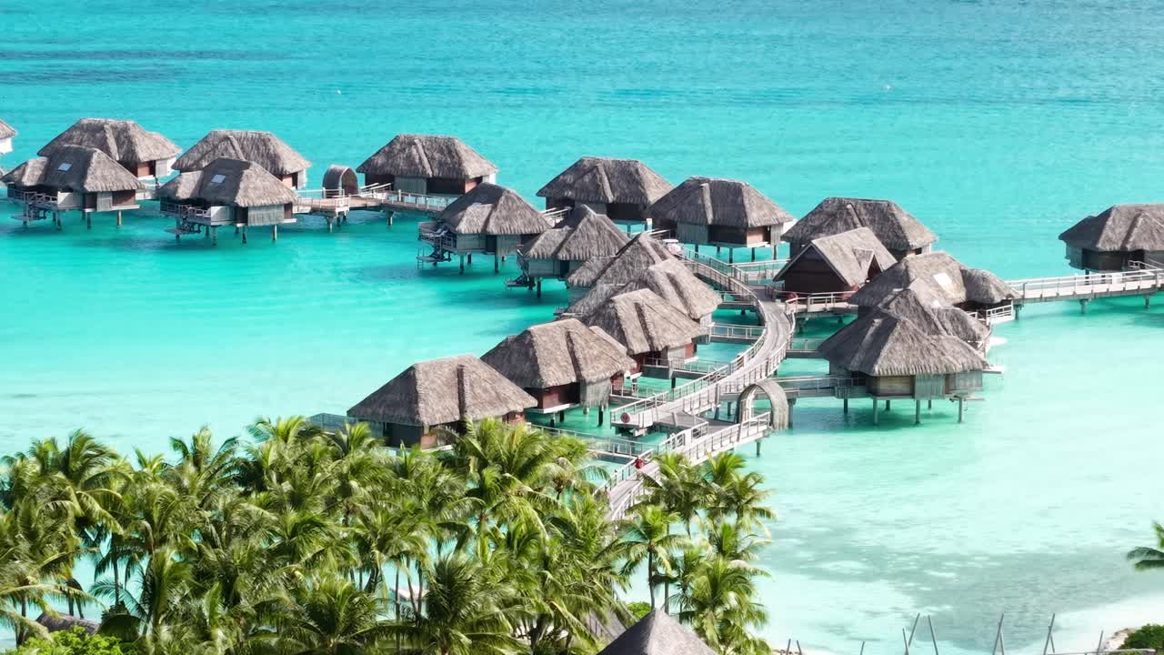 Bora Bora Island, French Polynesia, Elite Luxury Destination, Drone Shot of Tropical Resort With Overwater Bungalows