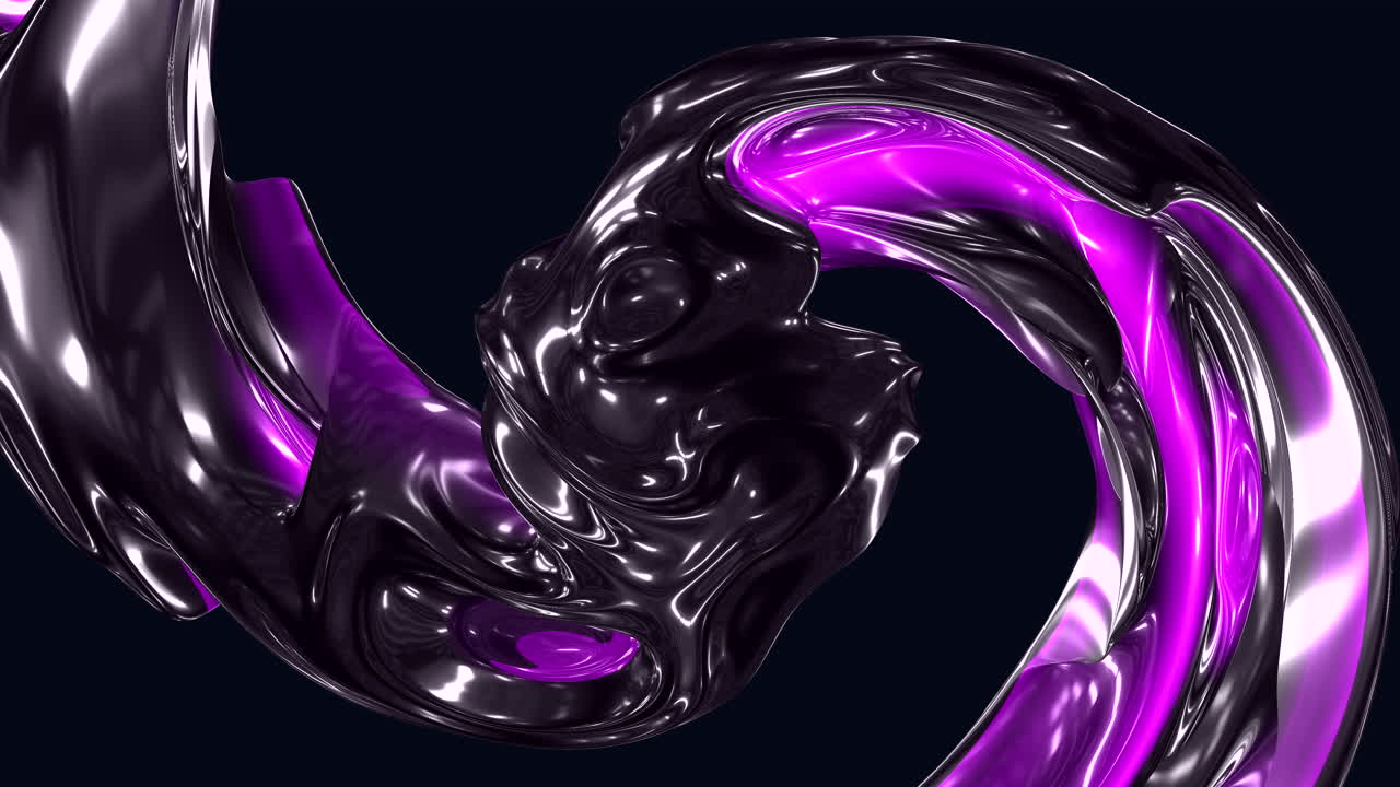 Abstraktní 3D vír z tekutého kovu s lesklými černými a neonově fialovými odlesky, proudící a rotující na tmavém pozadí pro futuristický motion design a technologické vizuály