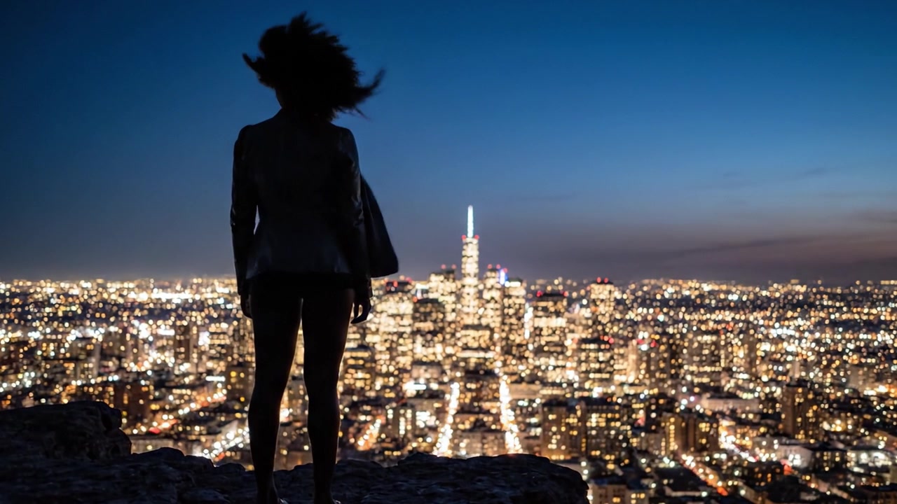 Una figura solitaria ammira uno scintillante skyline cittadino al crepuscolo, catturando la bellezza della vita urbana illuminata da innumerevoli luci scintillanti e un cielo ceruleo che si scurisce.