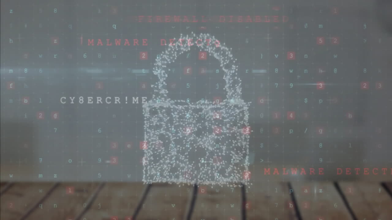 animación del texto de advertencia de ciberseguridad y el candado sobre un fondo gris