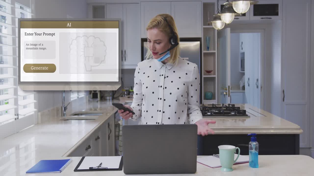 animación de ai texto y procesamiento de datos y mujer caucásica usando portátil.