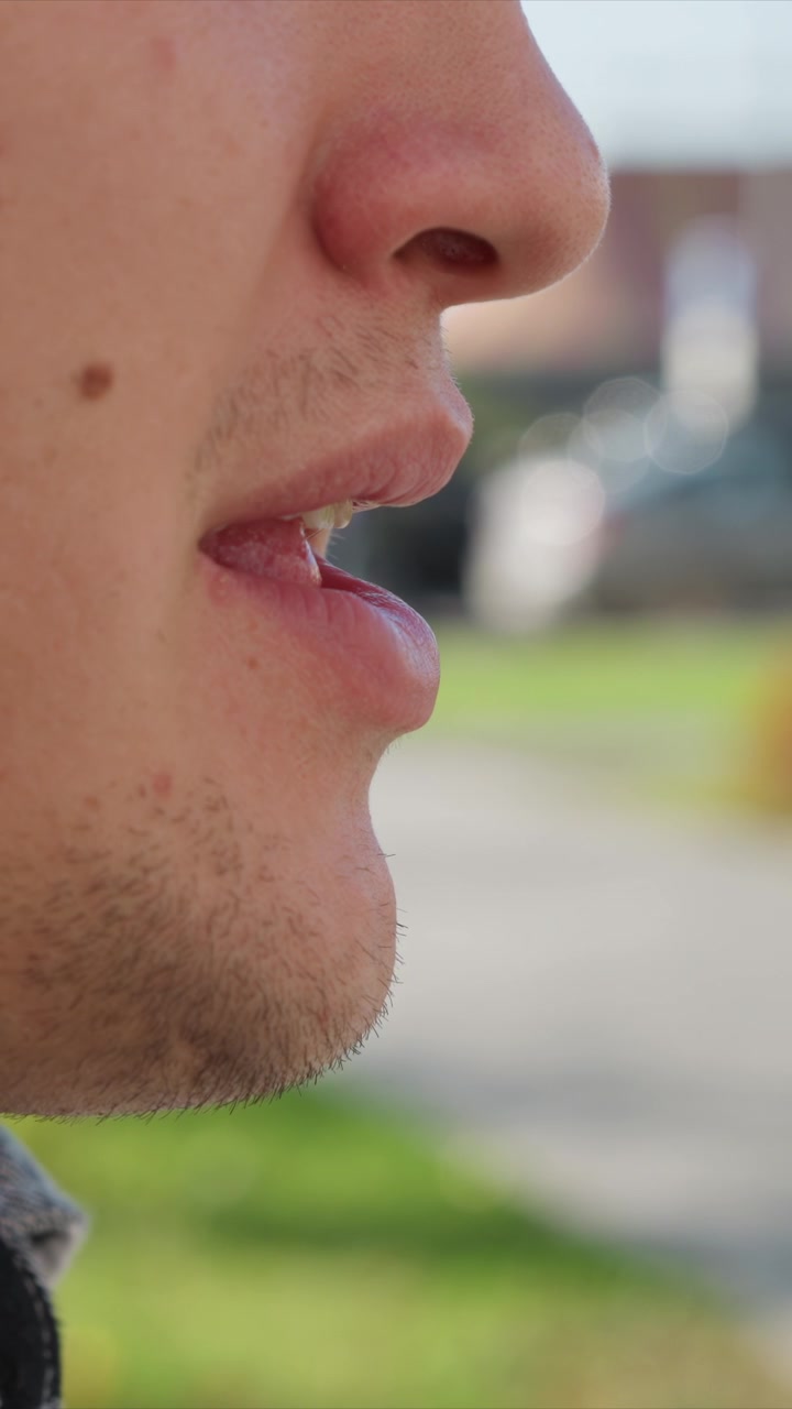 Primo piano del viso inferiore e della bocca di un uomo con un leggero movimento delle labbra, di profilo. Barba incolta visibile, texture della pelle inclusi nei sulla guancia, contro uno sfondo esterno con erba verde.