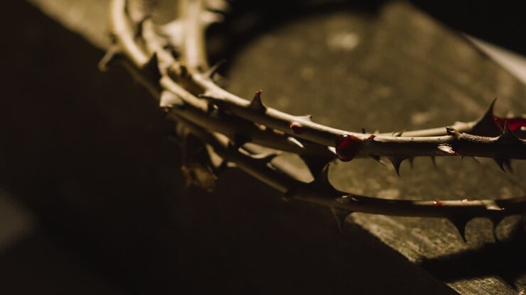 Religious Concept Shot With Droplets Of Blood On Crown Of Thorns With Wooden Cross