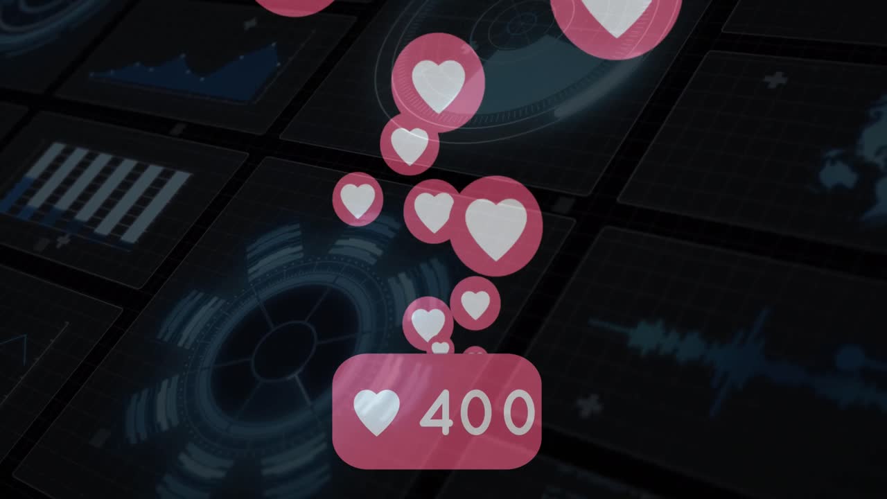 검은 바탕의 둥근 스캐너에 대해 떠다니는 여러 개의 심장 아이콘의 디지털 애니메이션